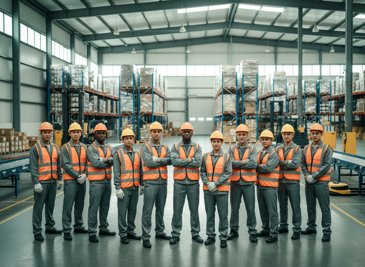 A diverse team of shift workers in clean uniforms and safety vests standing confidently in a bright modern warehouse
